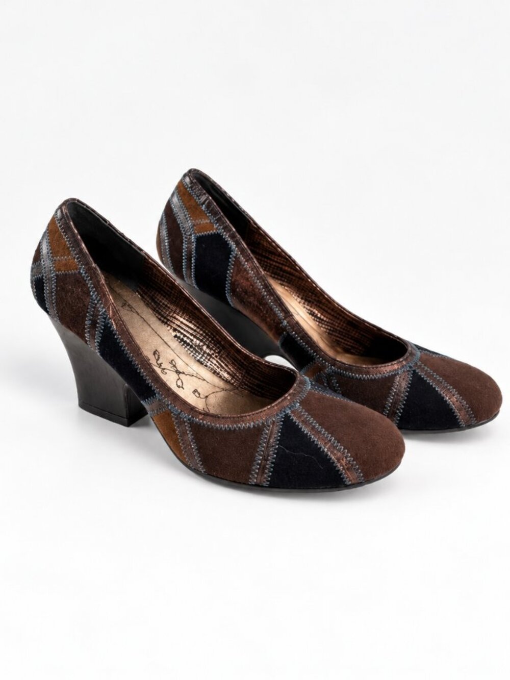 Bobbi Blu Pumps Womens 8.5M Brown Black Patchwork Blue Stitch Block Heel Y2K